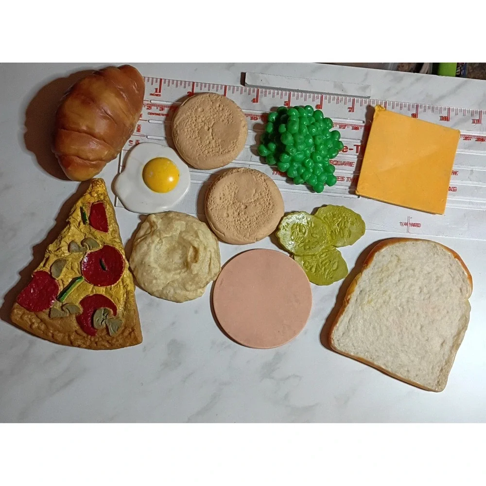 Vtg Play Food Lot 1987 1994 MTC EILS Pizza Croissant Bread Egg 11pc Toy Mixed